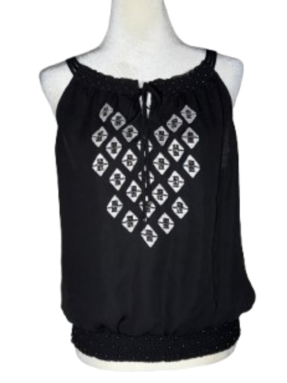 WHBM Black Sleeveless Embroidered Tank Top - Large